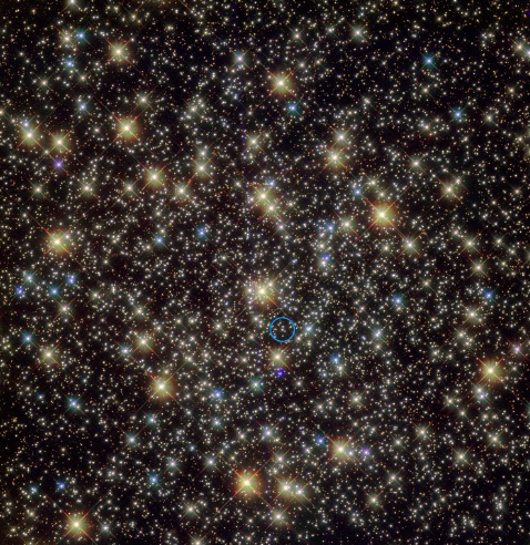 Esta imagen del Telescopio Espacial Hubble de la NASA/ESA muestra la región central del cúmulo globular de estrellas NGC 3201. Se ha descubierto una estrella que orbita a un agujero negro con más de cuatro veces la masa de nuestro Sol. La estrella se ha indicado con un círculo azul.