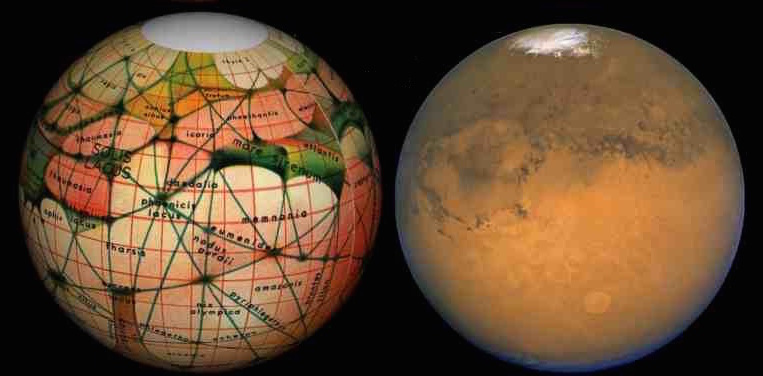¿Canales en Marte? Era una pregunta objeto de un apasionado debate a fines del siglo
XIX; varios astrónomos destacados, como Percival Lowell, no sólo pretendían ver un
extenso sistema de canales rectas en Marte, sino que también veían un indicio de la existencia de vida inteligente en Marte. La oposición relativamente cercana de Marte en
1894 permitía hacer dibujos como los que figuran a la izquierda, según un mapa
originalmente preparado por Eugene Antoniadi (1870 – 1944). En tiempos más
modernos, otra oposición de Marte ha permitido que el telescopio Hubble capture una
imagen de orientación similar (a la derecha). La comparación de las dos imágenes
muestra que, en cuanto a las estructuras grandes, características, demuestran
impresionante coincidencia, pero que un amplio sistema de canales largos y rectos
simplemente no existe.