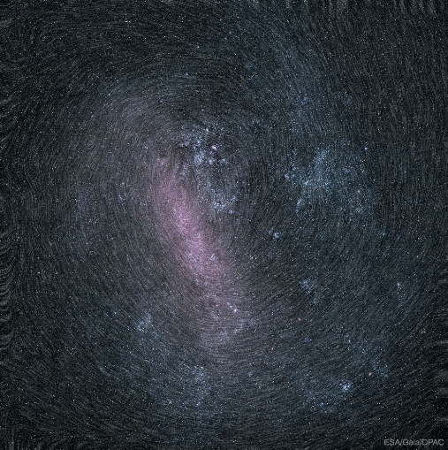 Esta imagen un poco difusa muestra la Gran Nube de Magallanes, con el movimiento de millones de estrellas débiles de esta galaxia, registradas por GAIA. Se ve que esta pequeña galaxia vecina nuestra está girando alrededor de su centro.